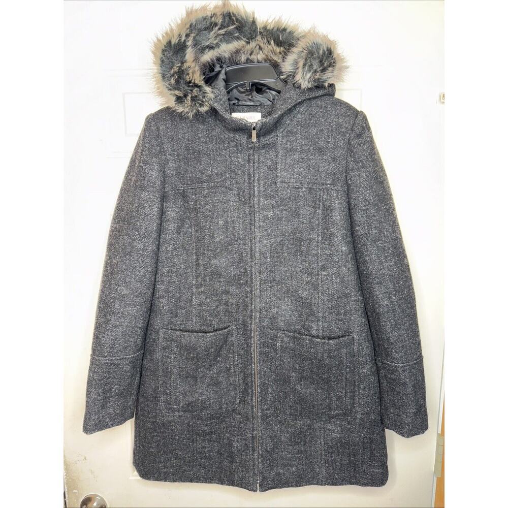 Camaieu Womens Parka Jacket Coat Size 8 Gray Faux Fur Hood Lined Warm Fleece Zip